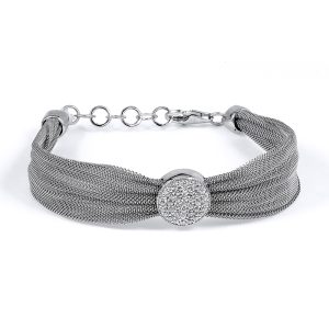 Sterling Silver Mesh Bracelet Featuring a Cubic Zirconia (CZ) Centerpiece.